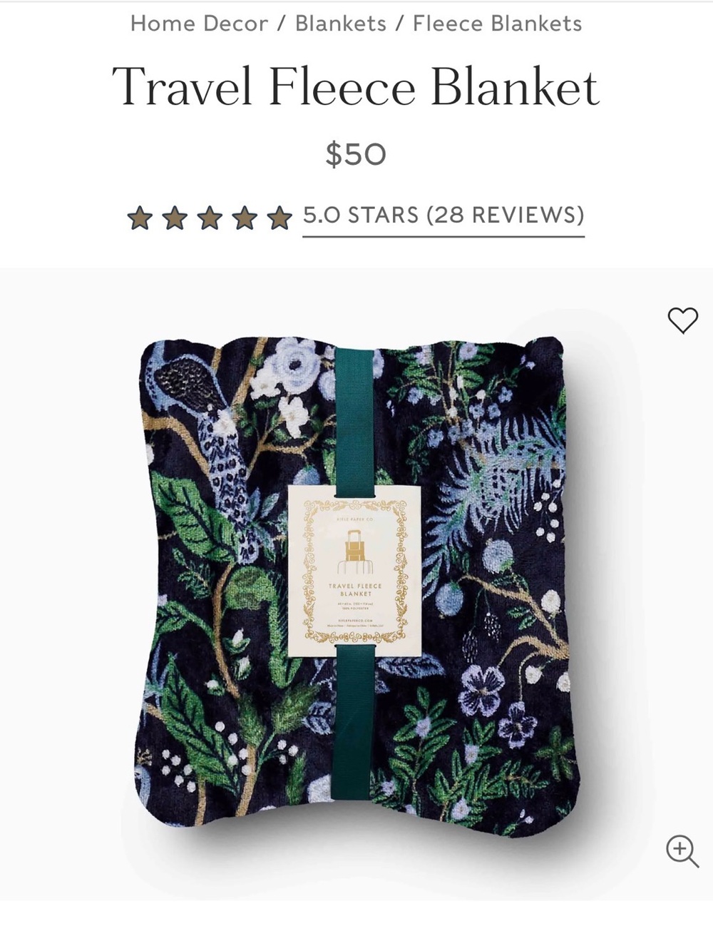 Rifle Paper Co Floral Travel Fleece Blanket Peacock Print 45x60”